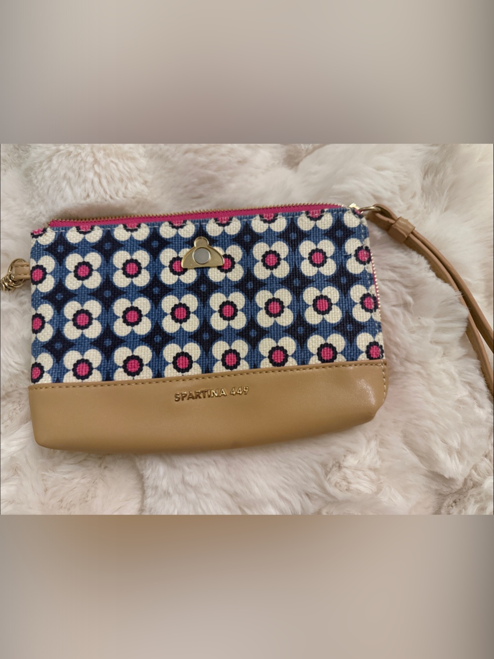 Spartina 449 Navy Floral Canvas Wristlet with Tan Trim and Pink Accents